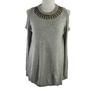 DG2 Gray Cold Shoulder Sweater Rhinestone Embellished Neckline Bling Small